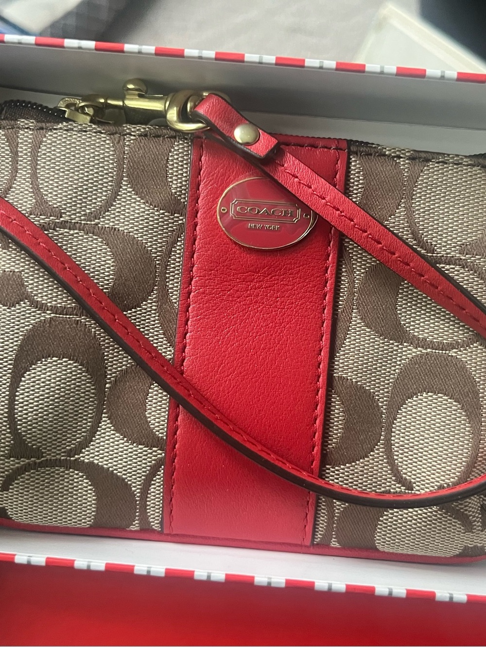 Coach Canvas Wristlet Khaki with Red Leather Trim NWT
